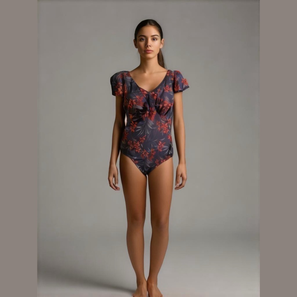 Denim & Co.Beach V-Neck Ruffle Sleeve
One-Piece Swimsuit. Size 6 New Red Blue